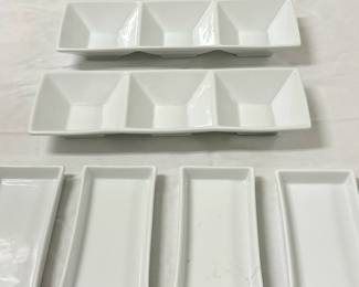 (6pc) Crate & Barrel Appetizer Plates | 4 unmarked snack dishes: 15 in. x 5 in. 2 Crate & Barrel dip dishes: 7.5 in. x 4 in. 