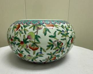 Floral Cachepot | Floral patterned cachepot with Asian-inspired motif (Marked on bottom) - h. 7 x dia. 11 in