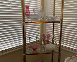 Brass Mid-century 4- glass shelf curio featuring: Fenton, pink glass, and cut glass