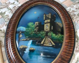 Antique  burl wood frame with reverse painting