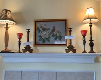 Bronze vintage  Candlesticks - very heavy,                       brass candlesticks with red globes , framed cardinal floral needlepoint and more lamps