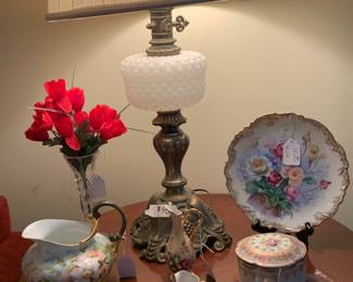 Pair of Milk glass laps and Antique and vintage porcelains. on far right small pottery bowl