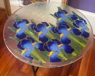 Peggy Kare blue iris art glass accent table 