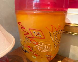 Large California art glass, confetti vessel with foot