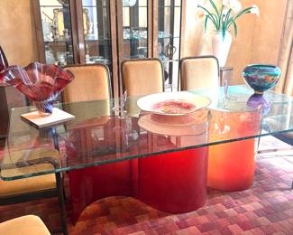 Modern contemporary bubble glass dining table with serpentine two piece glass base, 29"h x 49"d x 96"l. 
