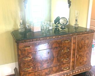 Gorgeous antique Italian marble top dresser with lions paw feet and carved wood frame mirror 