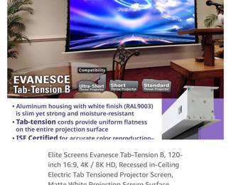 Elite 120” projection screen.  New in box.  Retails for $1,024 on Amazon.