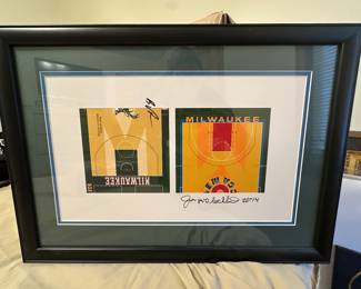 Milwaukee Bucks signed court design with Jon McGlocklin and Michael Redd.