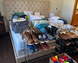 King quilted bed frame with older Hastens mattress/box.  The Hastens mattress retails for $8K new. This mattress is older and has some where but still as comfy as if new. 
Men’s 11 and 11 1/2 shoes.