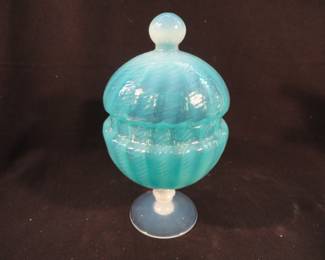 Blue Opalesent Empoli Covered Bowl.