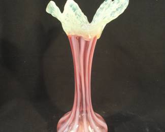 Antique Cranberry Opalescent Vase w/ Uranium Glass Leaves