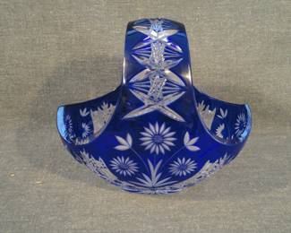 Irena Glass Crystal Blue Cut to Clear Basket