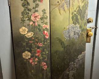 Antique Painted Floral Panels Hollyhock Wisteria