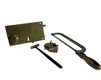 2 brass locks, brass saw, brass & wood
hammer