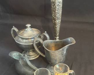 Vintage Metal Etched Candlestick, 2 Metal Small Pitchers, Metal Sugar Dish, 2 Los Galapos Shot Glasses