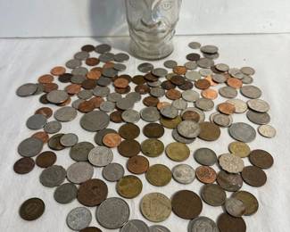 Lucky Joe Glass Mustard Jar Coin Bank Filled With US Foreign Coins