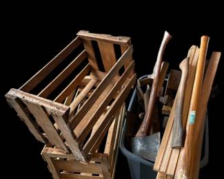Woodworking Set, Antiques, Wood Planks, Levels, Axes, Etc.