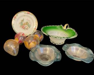 Glass ruffled edge candy dish, Myott plate, glass spheres, glass dishes