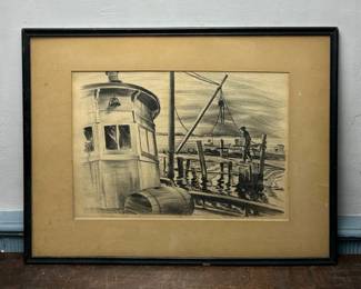 Original Charcoal Works On Paper Dock Scene