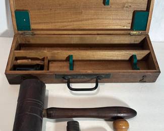 Wooden Antique Monocular Microscope Case With Lens, 2 Vintage Wood Mallets, And A Vintage Spinning Top Toy