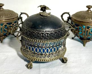 Silver Plated Germany Sugar Bowls, And A Silver Plated Covered Vessel With Frosted Glass Insert