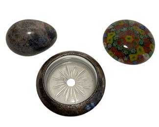 Frank M Whiting & Co sterling & cut glass coaster, glass paperweight, marble egg
