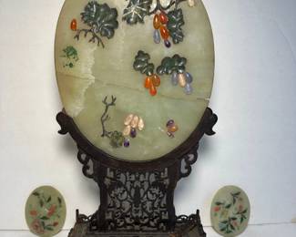 Chinese Jade Colored Oval Plaques With Colored Stones