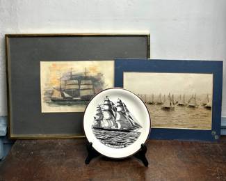 Ship Nautical Decor, Original Watercolor Photo With Collectible Plate