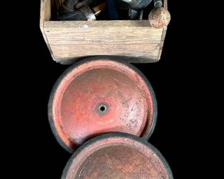 Box Of Antique Tools Ceiling Light, With 3 Vintage Soap Box Derby Car Wheels
