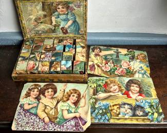 Victorian Block Puzzle Antique Original Box Lithograph Wooden Blocks With Antique Prints