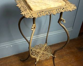 Bronze Or Brass Side Table With Marble Top With Dragon Accents, Antique