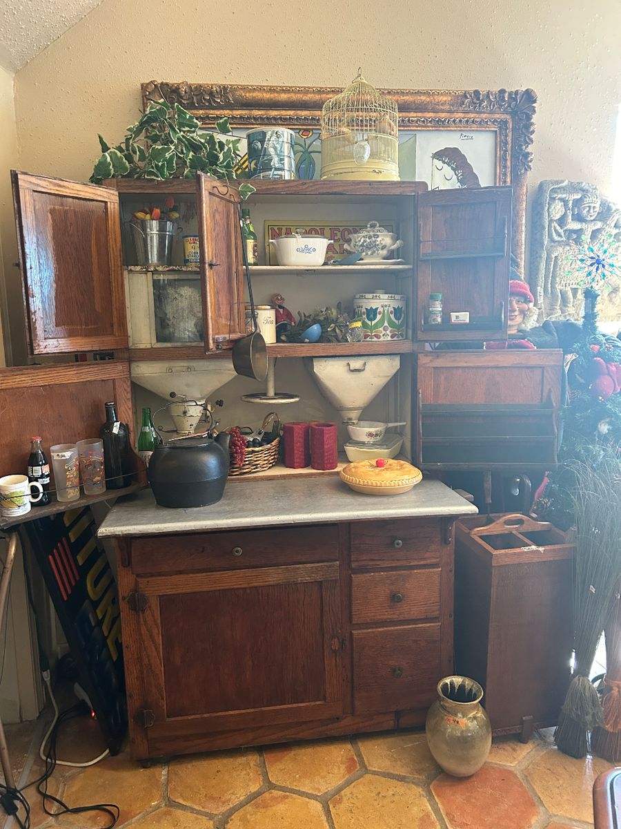 Antique Hoosier style cabinet with spice rack, flour sifter