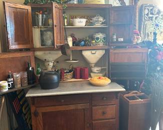 Antique Hoosier style cabinet with spice rack, flour sifter