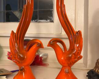 Mid century orange ceramic birds