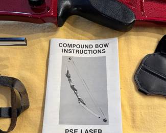 c.a. 1970’s/80’s PSE Precision Laser Compound Bow with aluminum archery stabilizer, arrows w/ case, accessories and case