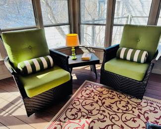 Like New Member’s Mark ‘Carnaby’ 4pc seating set.  This set includes sofa, two swivel rocking chairs, coffee table, cushions and pillows.  The small side table, lamp and outdoor rug will be sold separately 