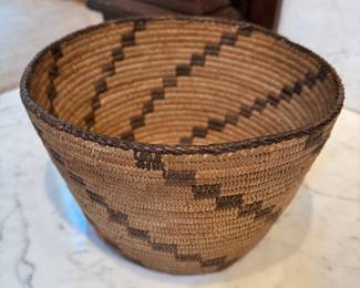 Early 20th Century Pima American Indian hand woven basket with devil’s claw and willow.  Approximate size is 6” tall x 9 1/4” wide and is in overall excellent vintage condition
