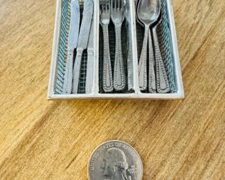 Vintage doll house metal flatware in original metal mesh tray, made in Germany