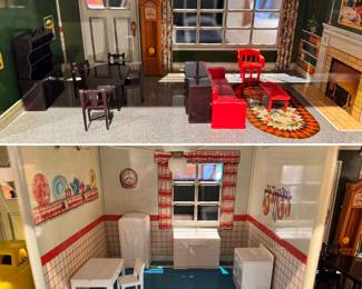 Vintage Marx tin litho Disney dollhouse with a large assortment of accessories and original family car