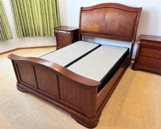 Queen Size wood & leather bed frame.  The 2-piece Queen box springs will be sold separately from the frame
