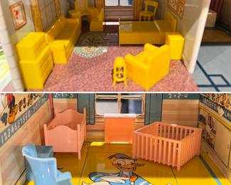 Vintage Marx tin litho Disney dollhouse with a large assortment of accessories and original family car