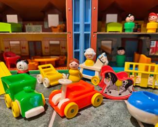 Vintage Fisher Price Play Family House with over 30 accessory pieces including a large set of FP Nursery items