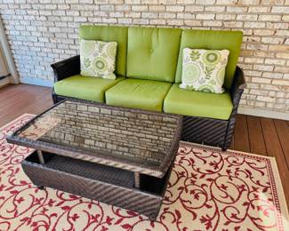 Like New Member’s Mark ‘Carnaby’ 4pc seating set.  This set includes sofa, two swivel rocking chairs, coffee table, cushions and pillows.  The small side table, lamp and outdoor rug will be sold separately 