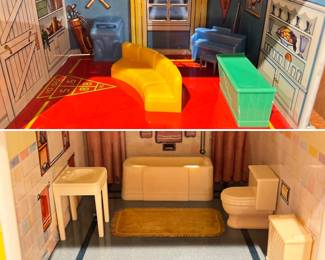 Vintage Marx tin litho Disney dollhouse with a large assortment of accessories and original family car