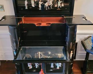 Vintage black lacquer Chinese bar with stone inlay