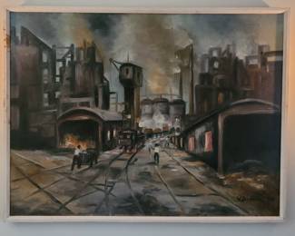 Vintage nocturnal Industrial scene painting...circa 1940s