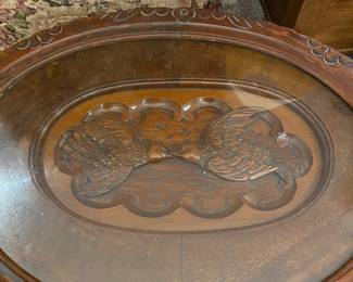 Antique carved tea table with removable glass tray