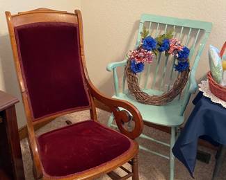 Antique rocker and wooden chair