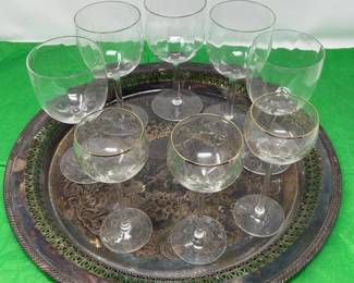 80 9pcSilverPlatePlatterwithAmericanCutCrystalStemware