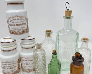 54 6GlassBottleCollection3LiddedJars